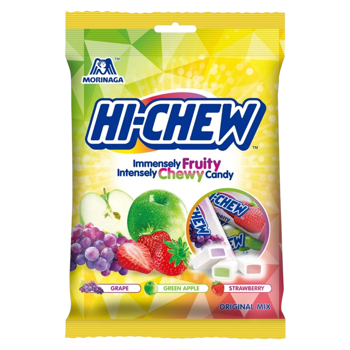 Morinaga Hi-Chew candy package with colorful design and fruit images on a white background