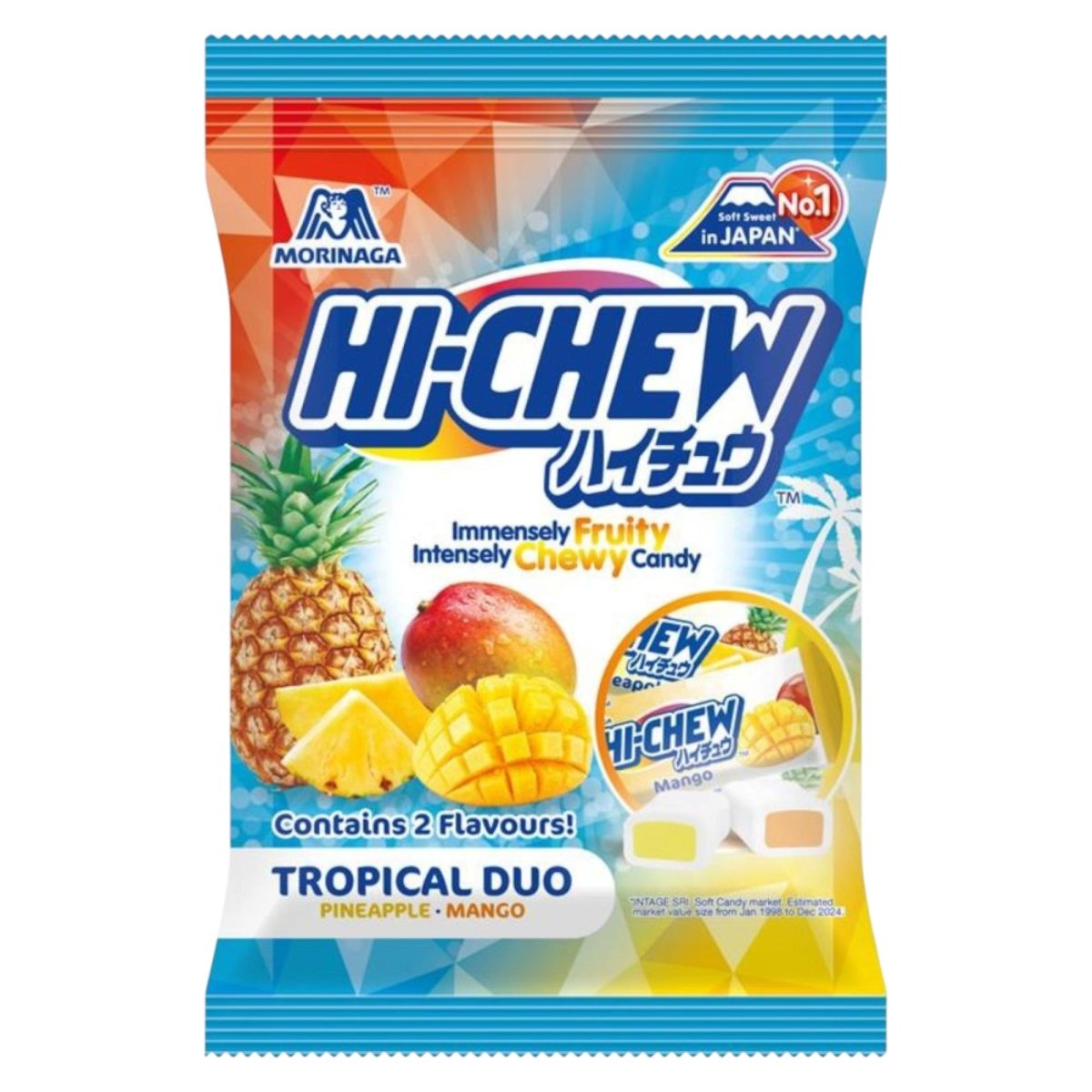 Hi-Chew Tropical Duo pineapple and mango chewy candy 80g bag packaging
