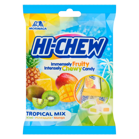 Morinaga Hi-Chew tropical mix candy package with fruit illustrations on a blue background