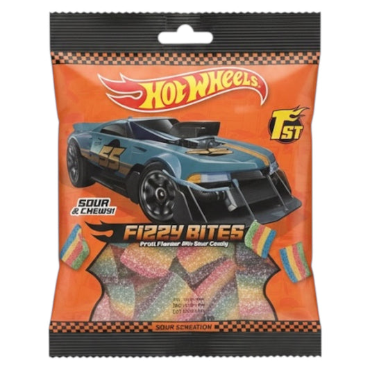 Hot Wheels Fizzy Bites candy package with a car design on an orange background
