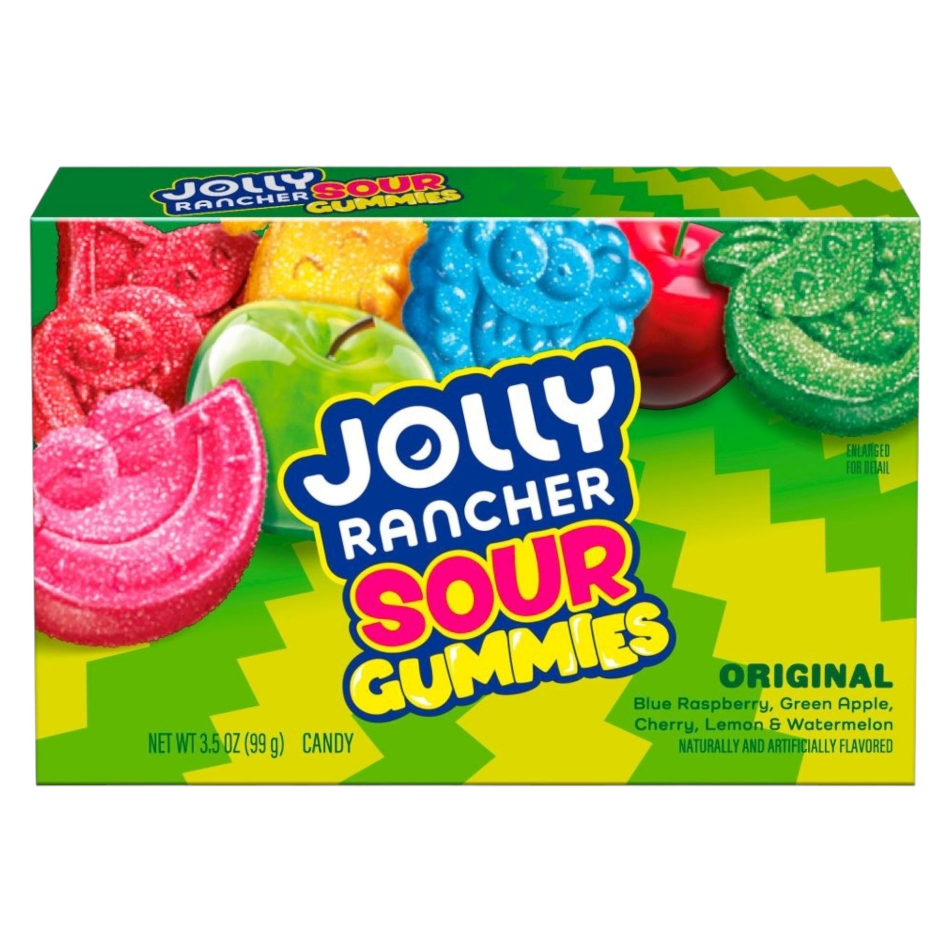 Box of Jolly Rancher Sour Gummies with colorful gummy candies on a green background
