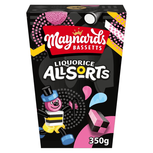 Maynards Bassetts Liquorice Allsorts packaging on a white background