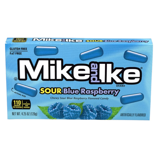 Box of Mike and Ike Sour Blue Raspberry candy on a white background