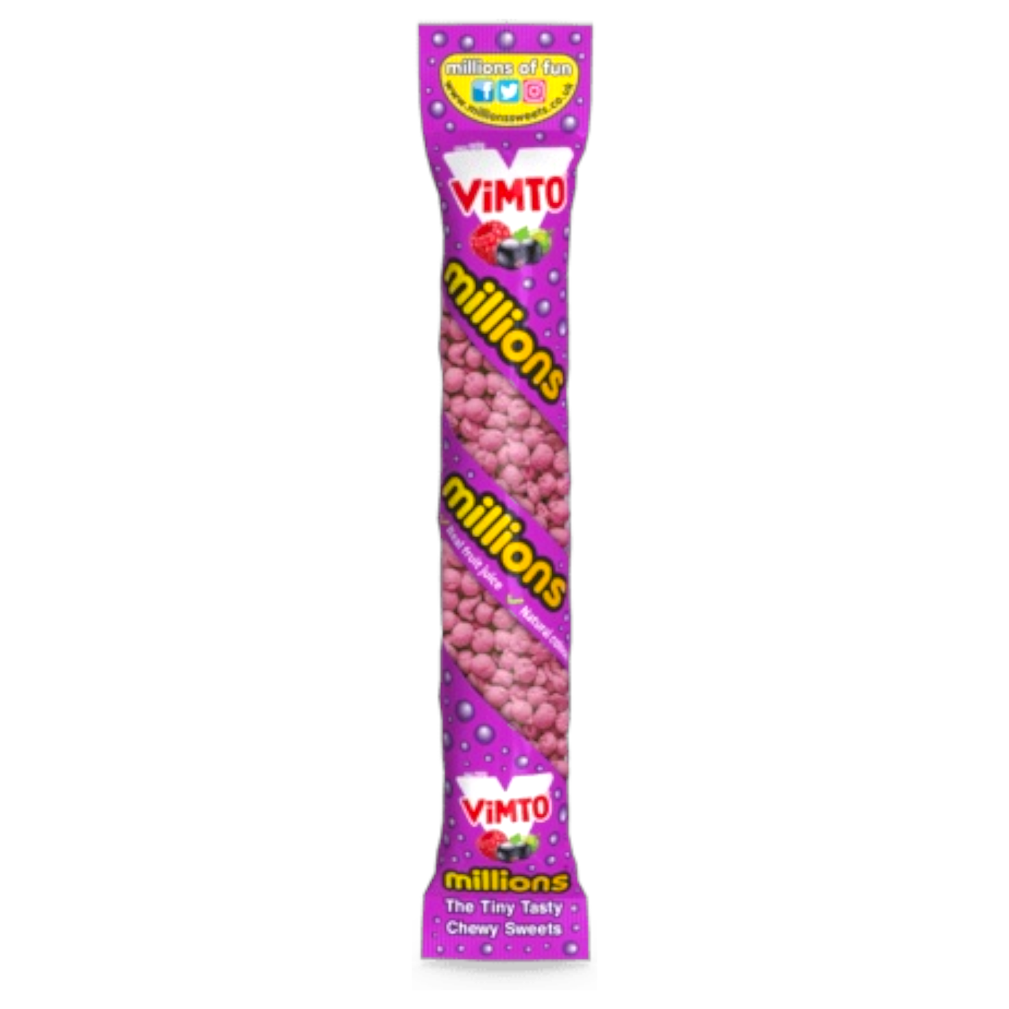 Pack of Vimto Millions chewy sweets on a white background