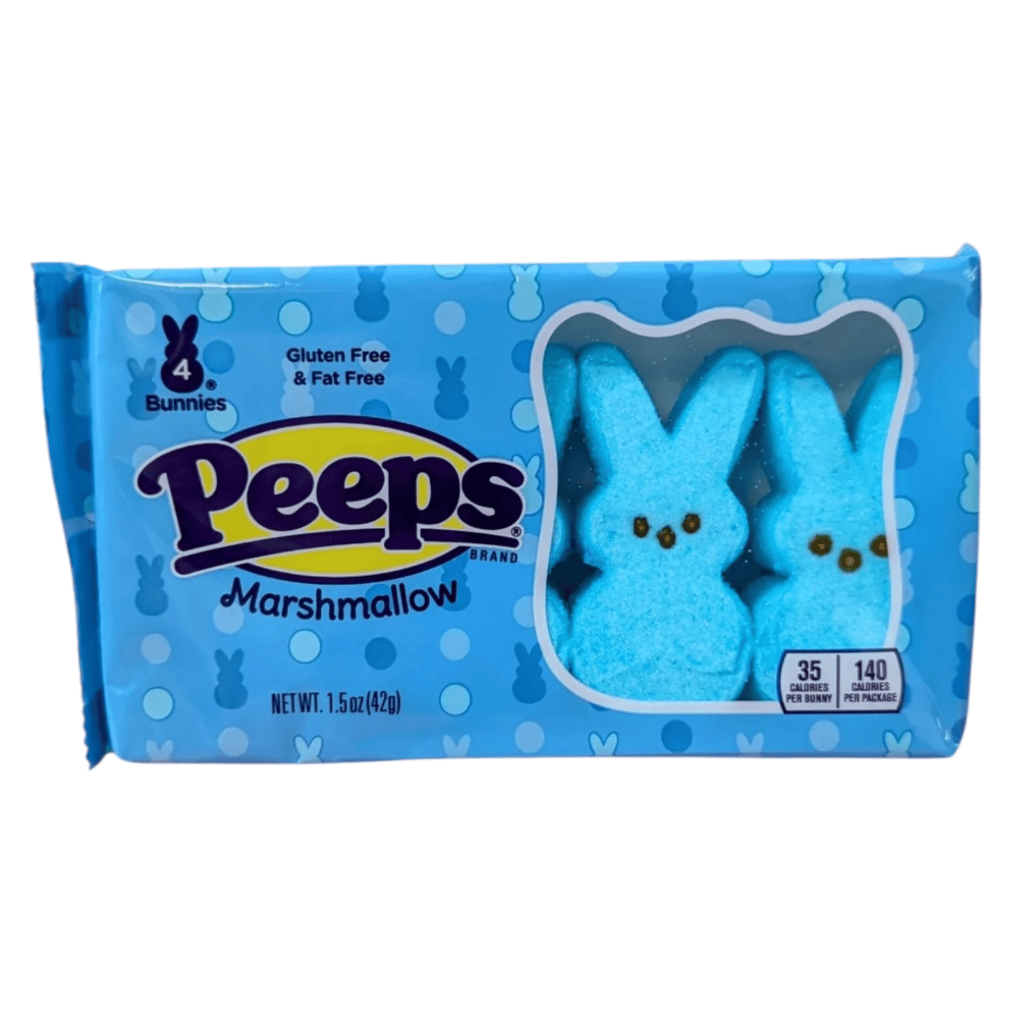 Blue Peeps marshmallow package with two marshmallows on a white background