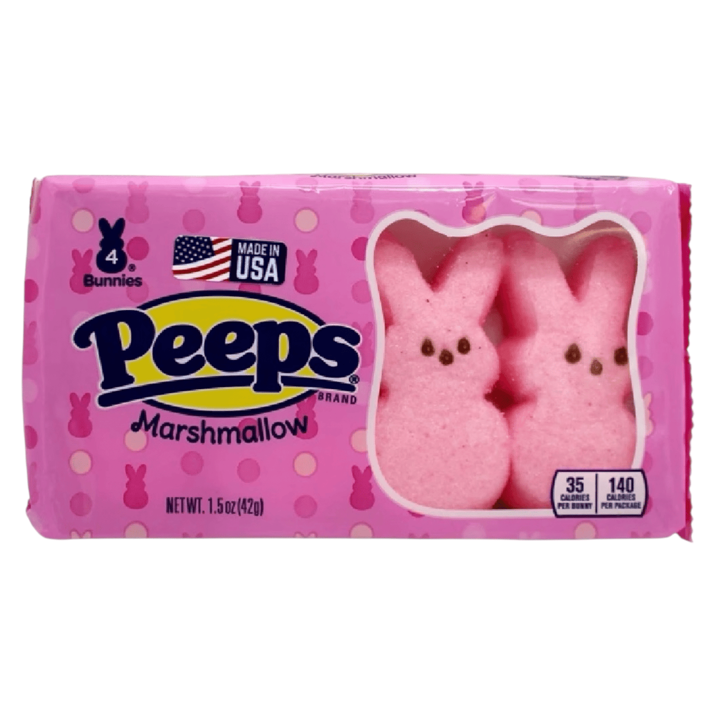 Pink package of Peeps marshmallows with two marshmallows visible on a white background