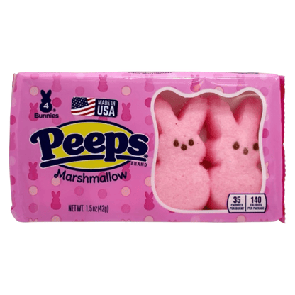 Pink package of Peeps marshmallows with two marshmallows visible on a white background