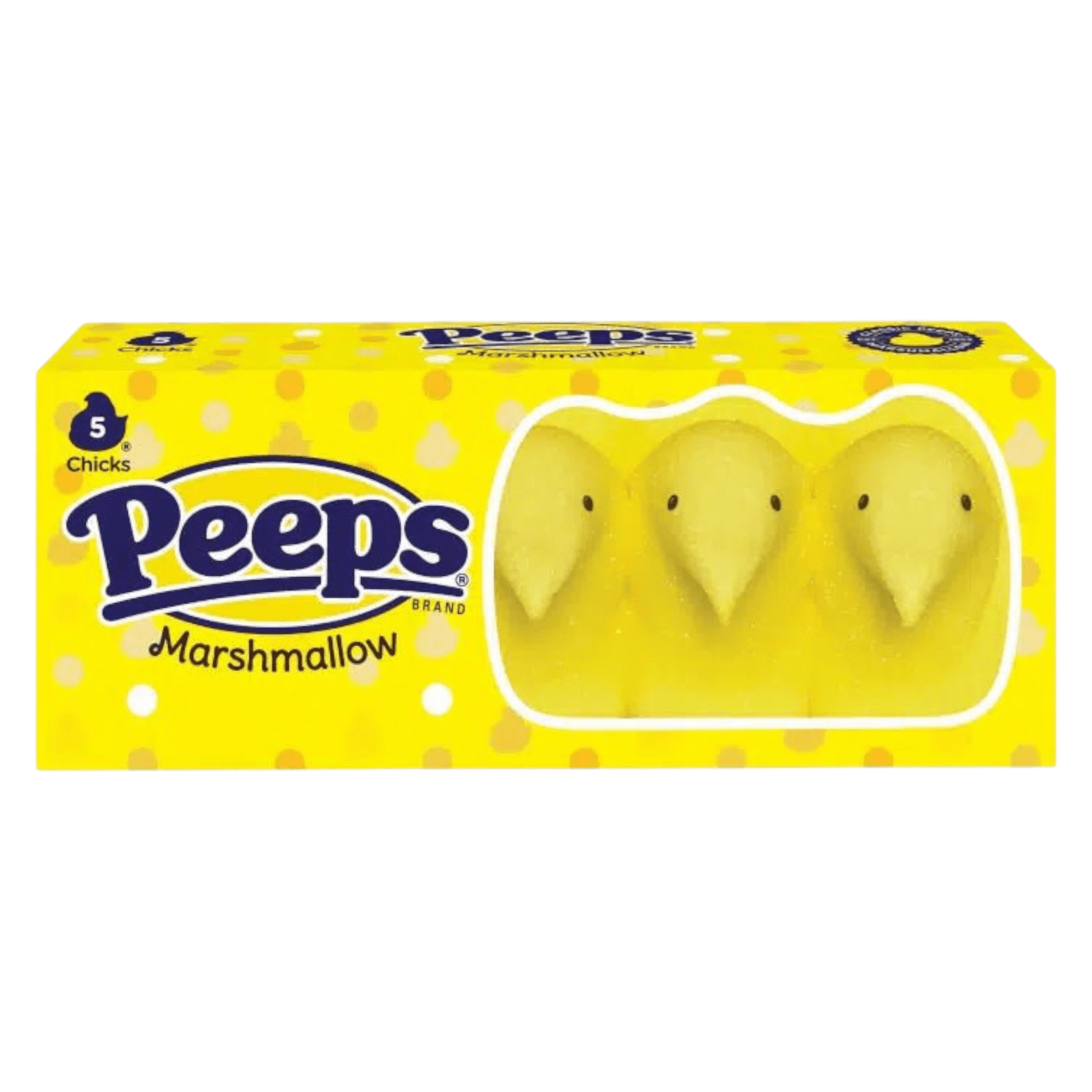 Pack of Peeps marshmallow chicks in a yellow box with Peeps branding.