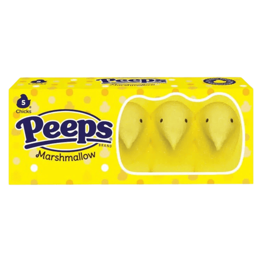 Pack of Peeps marshmallow chicks in a yellow box with Peeps branding.
