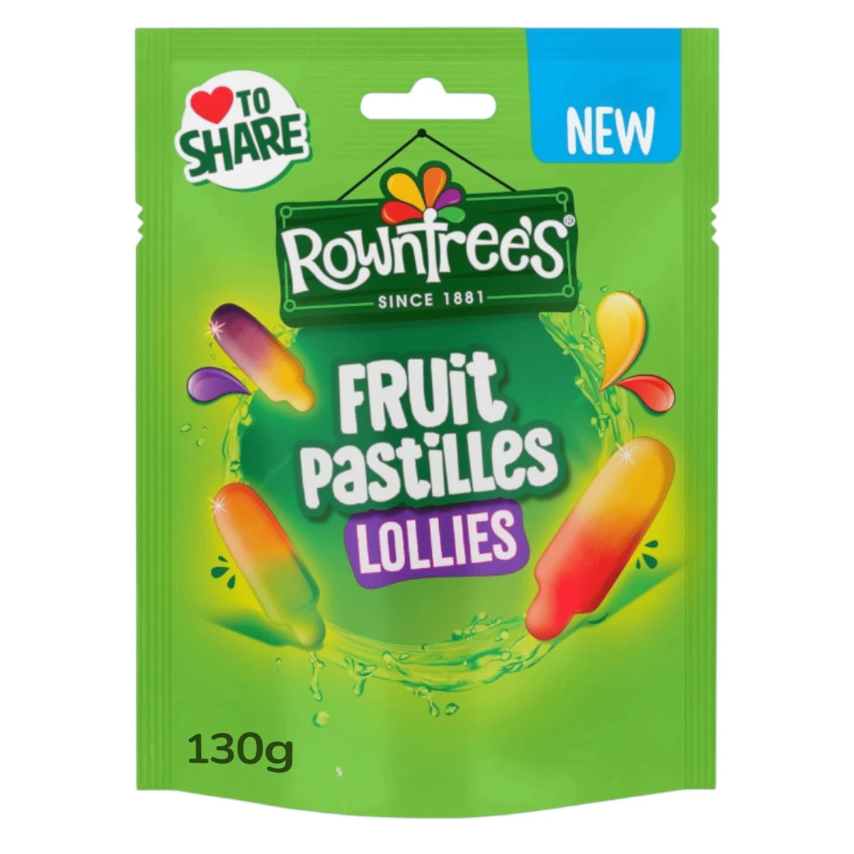 Green package of Rowntree's Fruit Pastilles Lollies on a white background