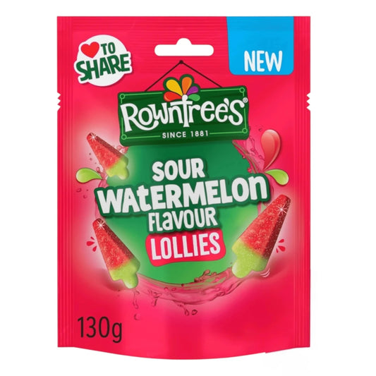 Rowntree's Sour Watermelon Flavour Lollies packaging on a white background