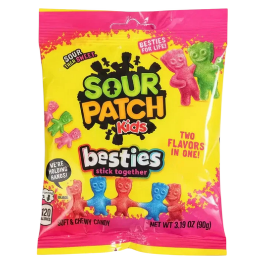Sour Patch Kids candy package with colorful characters on a yellow background
