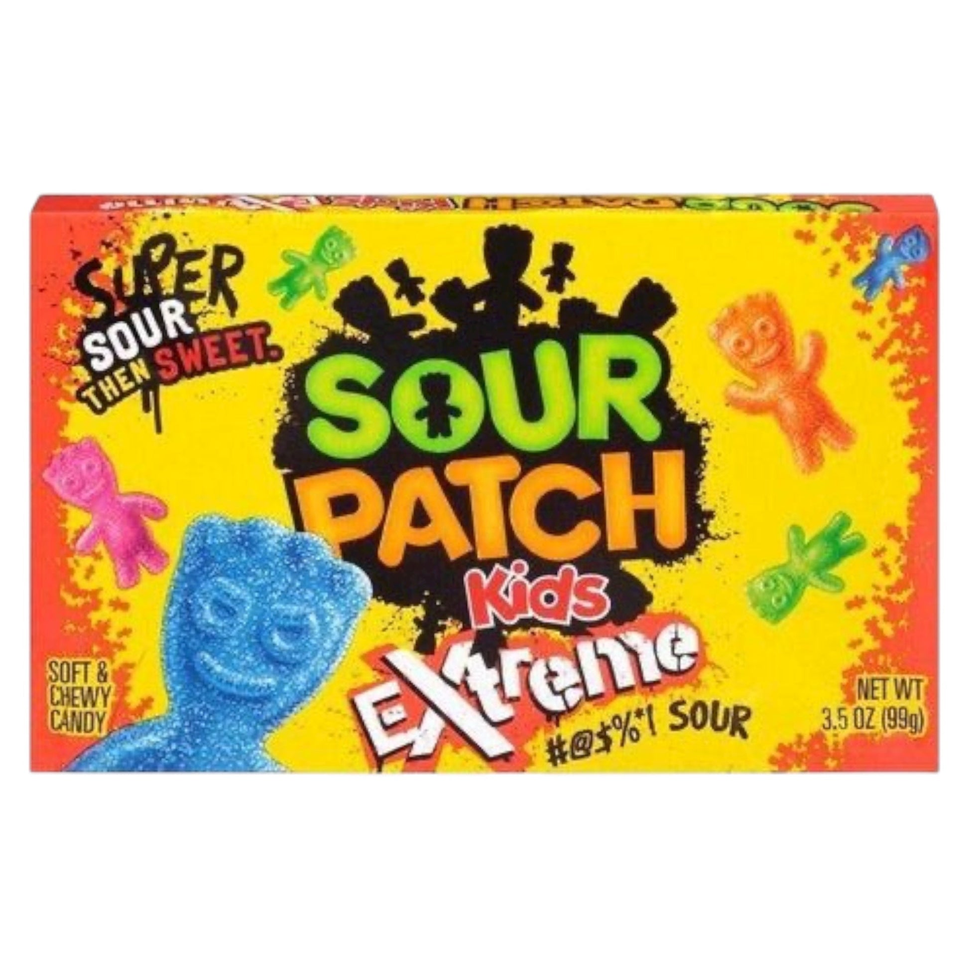 Sour Patch Kids Extreme candy box with colorful design on a white background