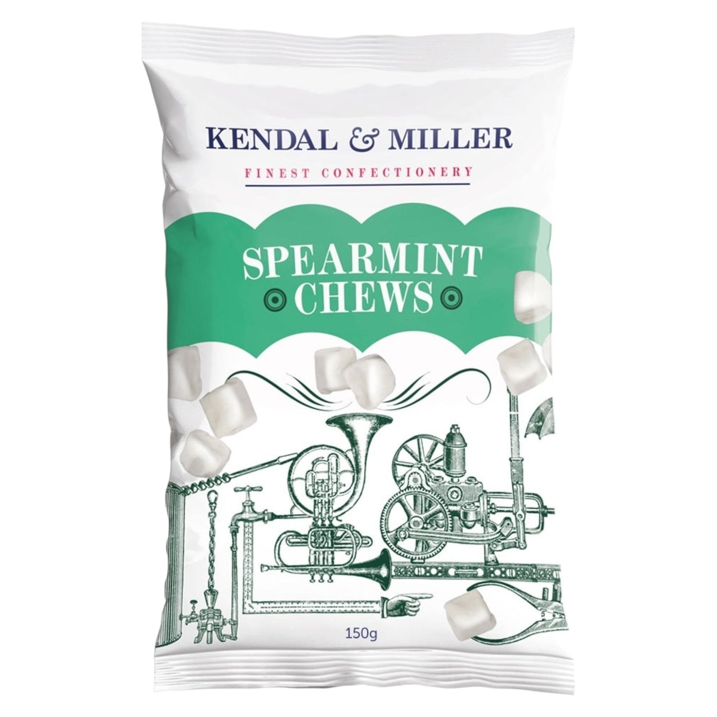 Packaging of Kendal & Miller Spearmint Chews on a white background