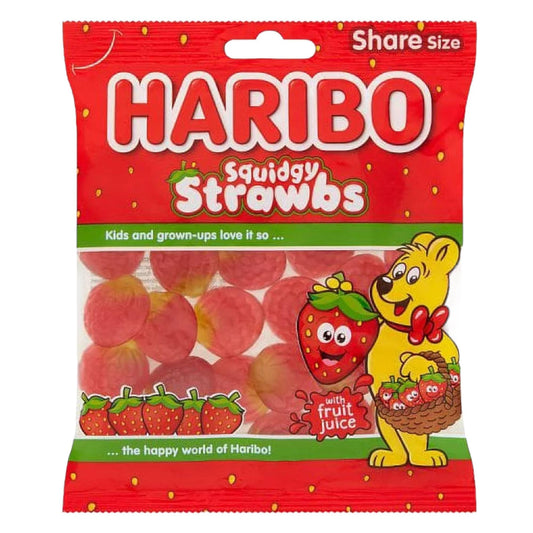 Squidgy Strawbs Strawberry Gummy Chewy Soft Sweets, 160g - 1x Share Bag - Caribou Candy