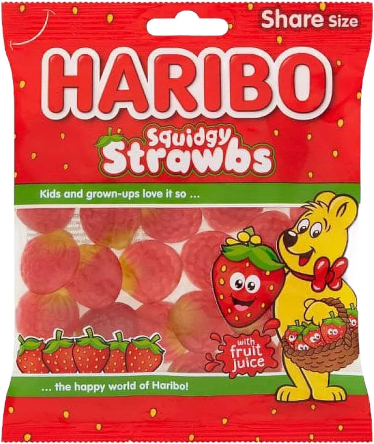 Squidgy Strawbs Strawberry Gummy Chewy Soft Sweets, 160g - 1x Share Bag - Caribou Candy