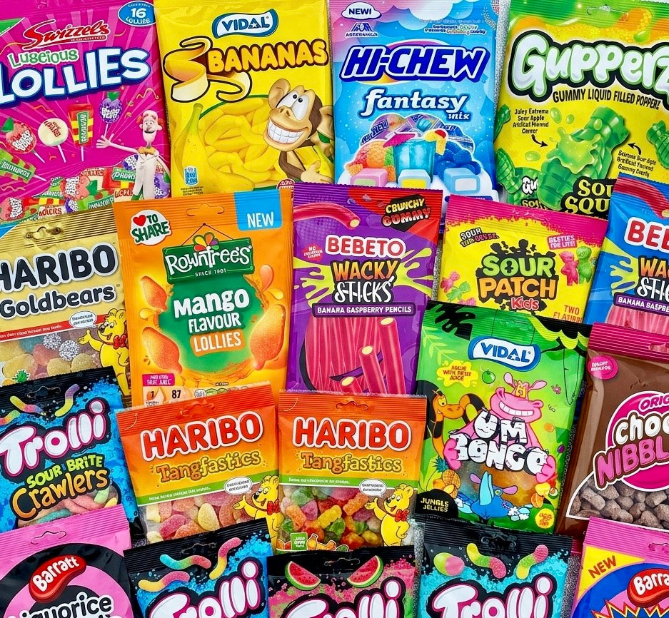 a variety of sweets in share bags showing various brands and sweets