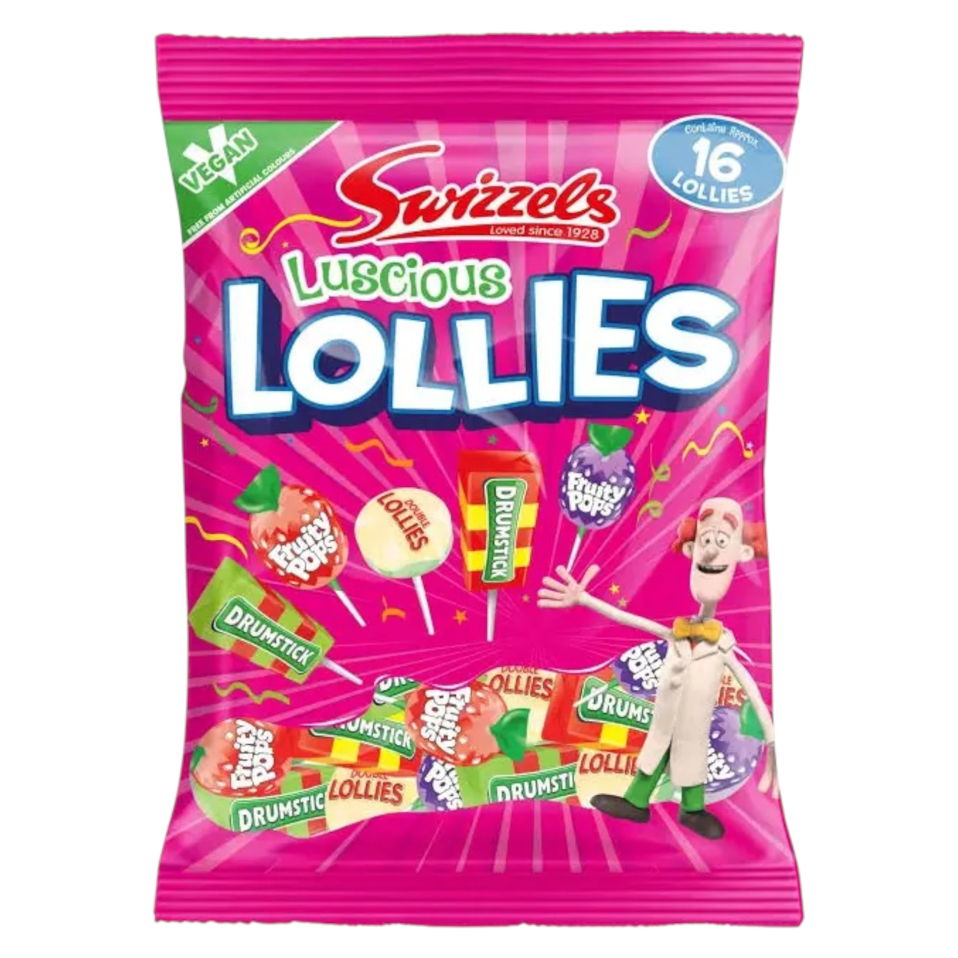 Pink packet of Swizzles Luscious Lollies on a white background