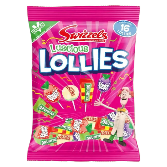 Pink packet of Swizzles Luscious Lollies on a white background