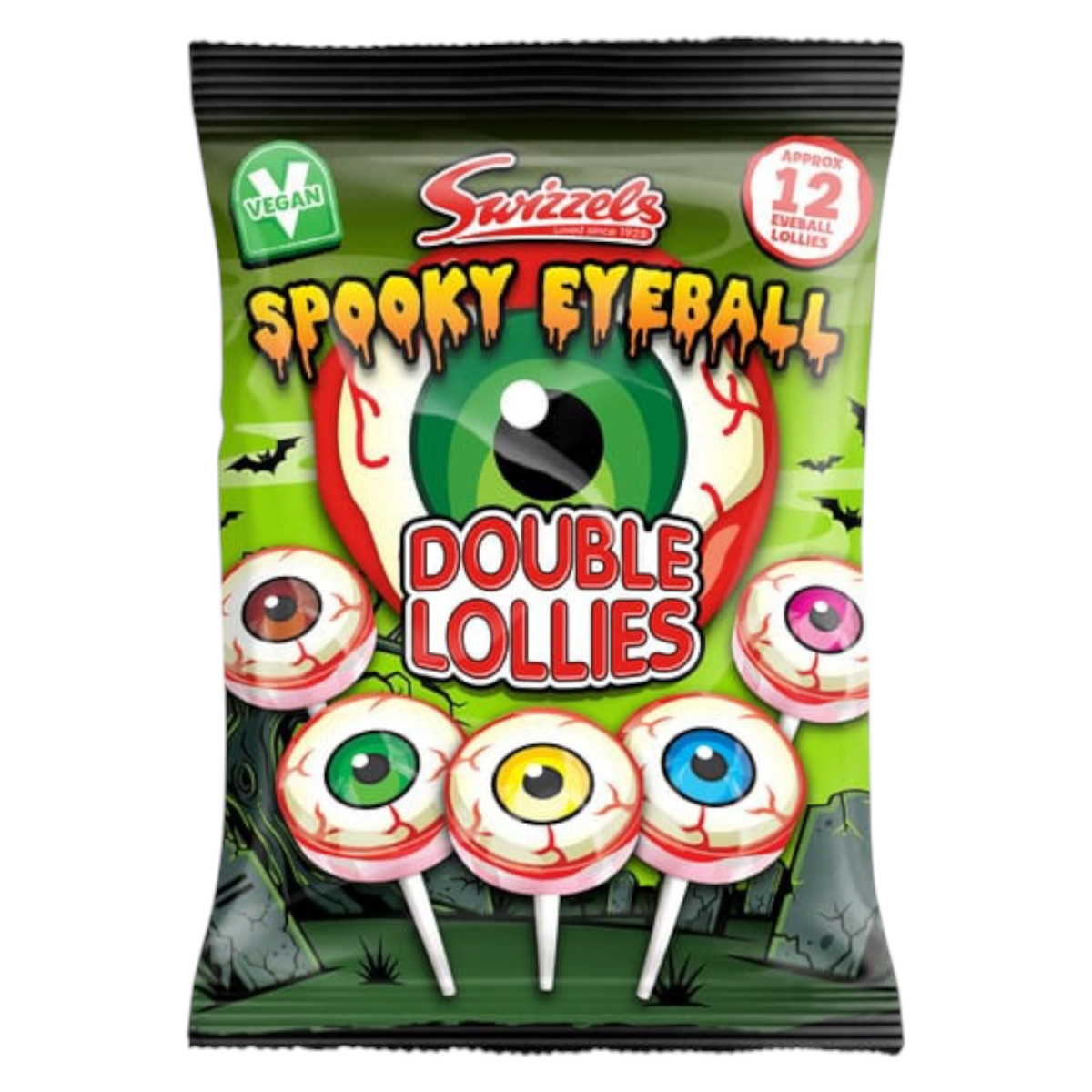 Swizzels Spooky Eyeball Double Lollies 130g - Halloween eyeball-shaped fizzy fruit lollies, vegan