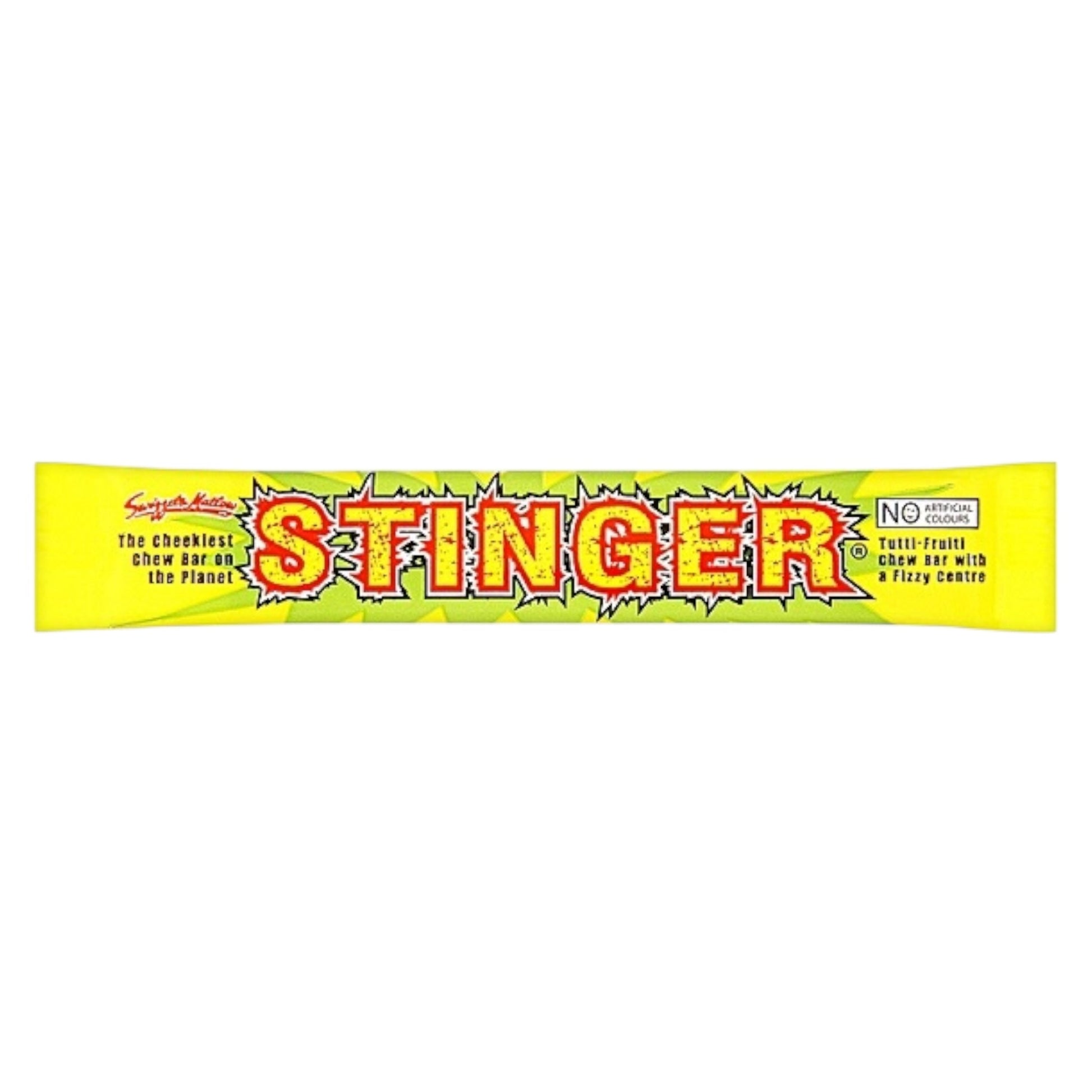 Stinger candy bar packaging with yellow background and red text