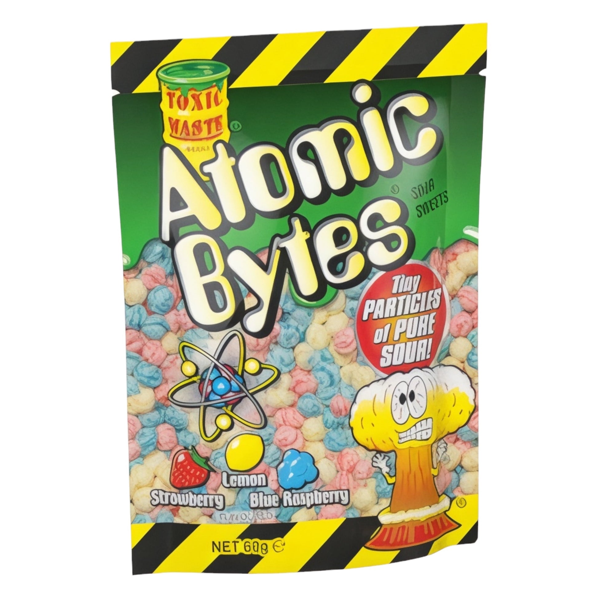 Packaging of Toxic Waste Atomic Bytes candy with colorful design and text.