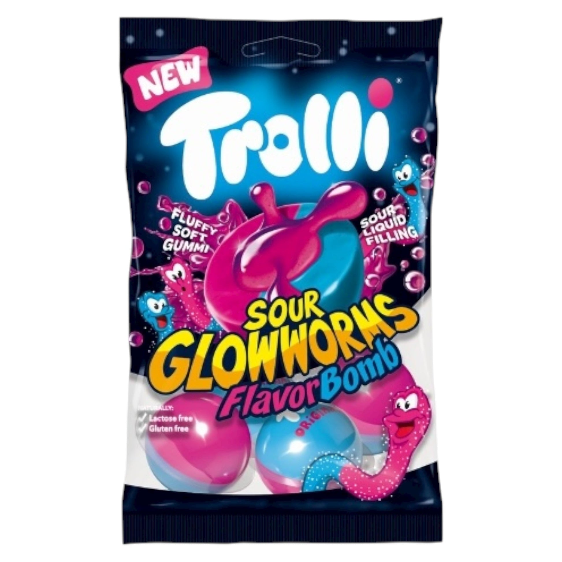 Trolli Sour Glowworms Flavor Bomb candy package on a white background