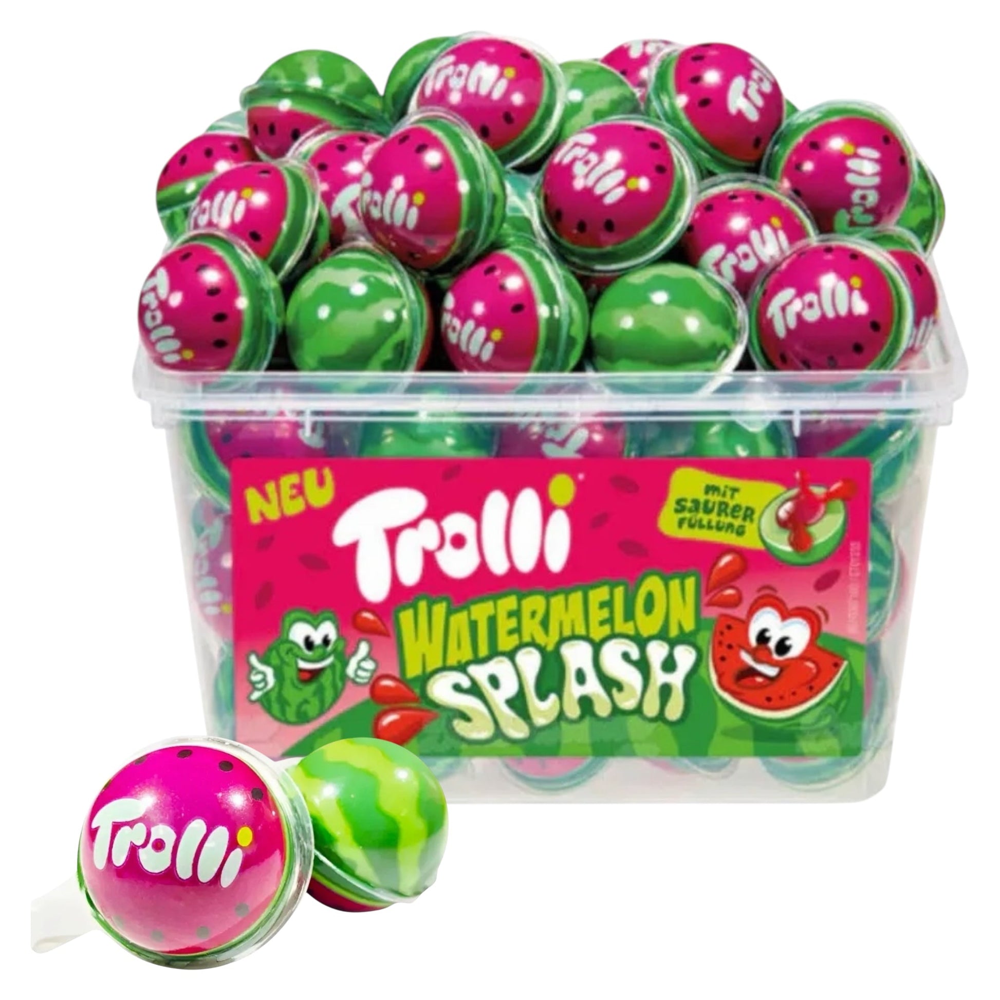 Trolli Watermelon Splash gummy candies in a clear container with colorful packaging.