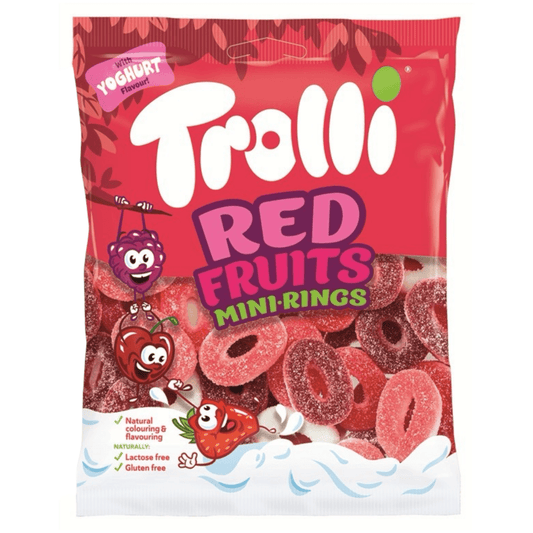 Trolli Red Fruits Mini Rings 100g bag - mini yoghurt-flavoured foam gummy rings with strawberry, raspberry and cherry