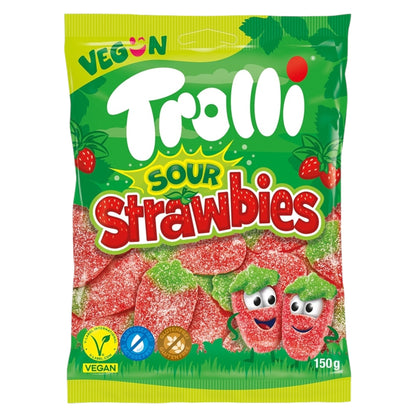 Trolli Sour Strawbies gummy candy package on a white background