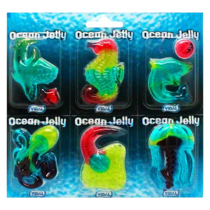 Packaging of Vidal Ocean Jelly sweets with colourful aquatic animals on a blue background.