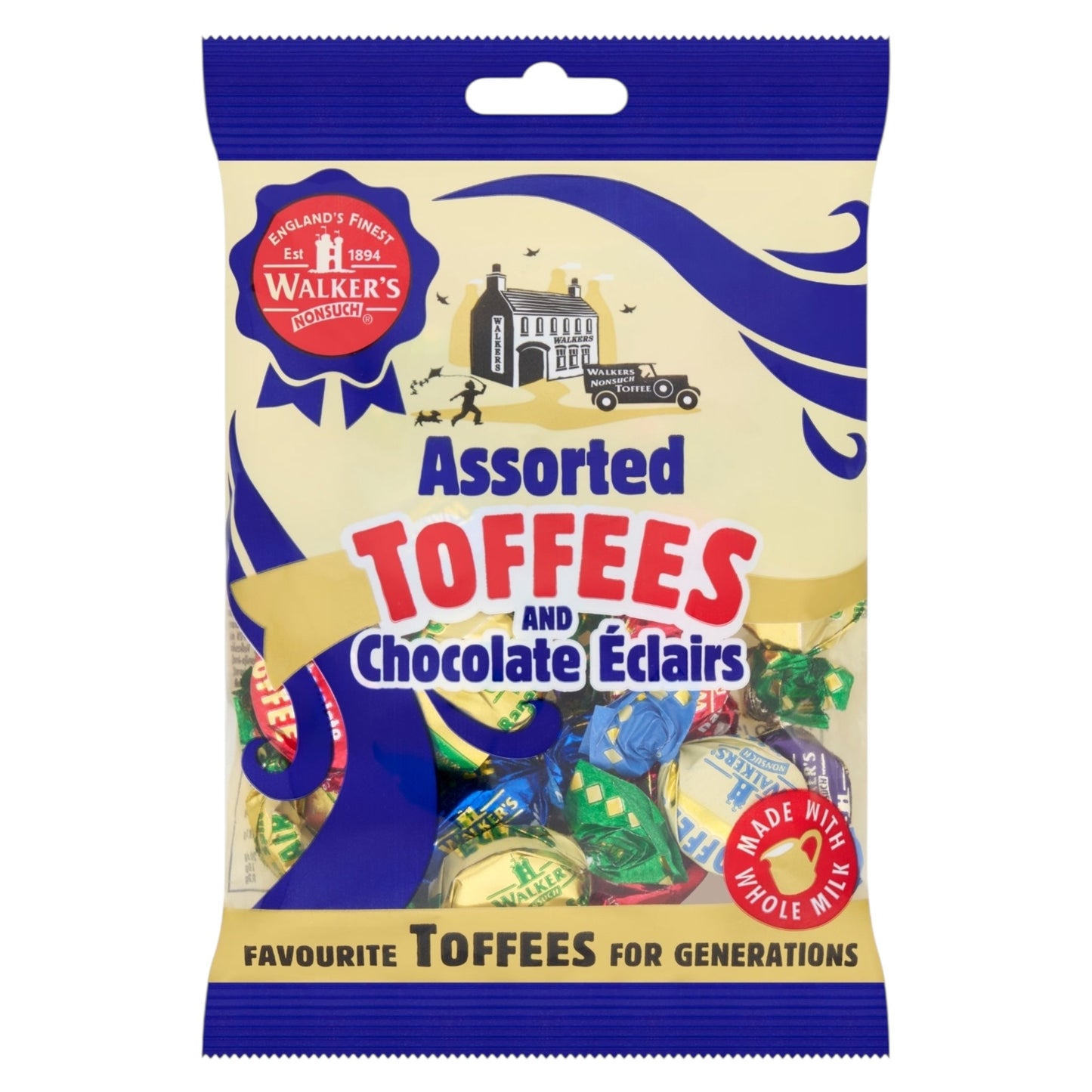 Packaging of Walker's Assorted Toffees and Chocolate Eclairs with brand logo and colourful design on a white background.