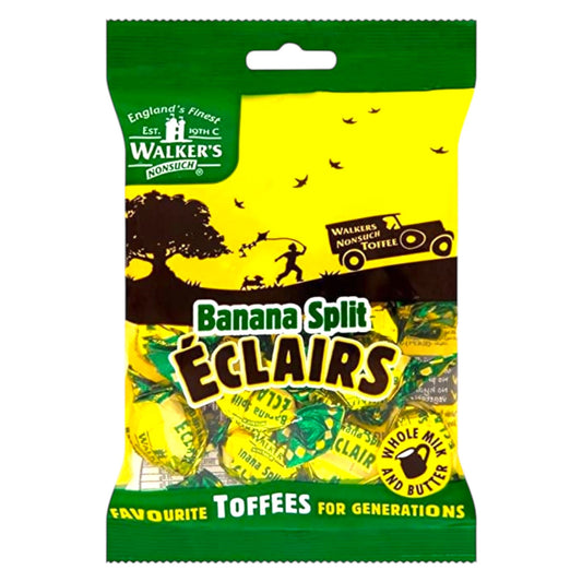 Packaging of Walker's Banana Split Eclairs Toffees with green and yellow design on a white background.
