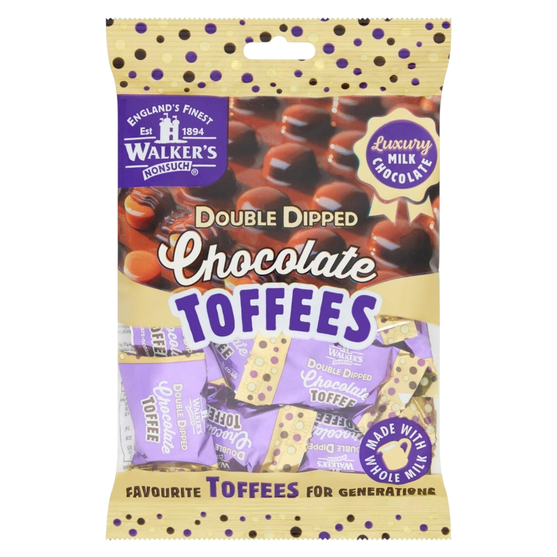 Packaging of Walker's Luxury Milk Chocolate Double Dipped Chocolate Toffees on a white background