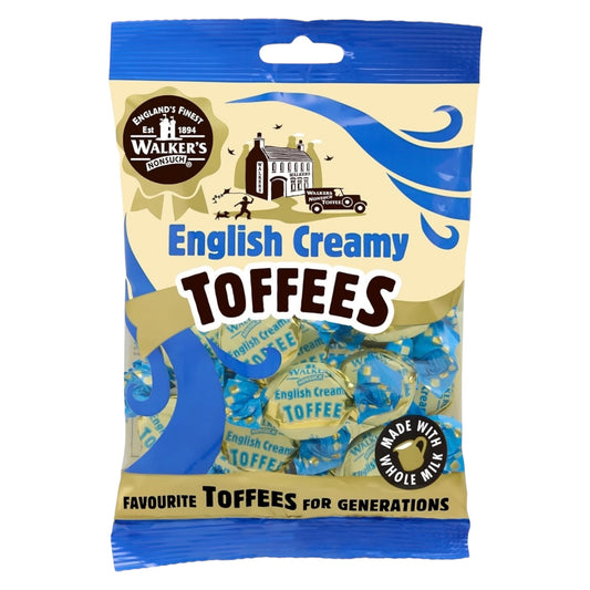 Packaging of Walker's English Creamy Toffees with blue and gold bag design on a white background.