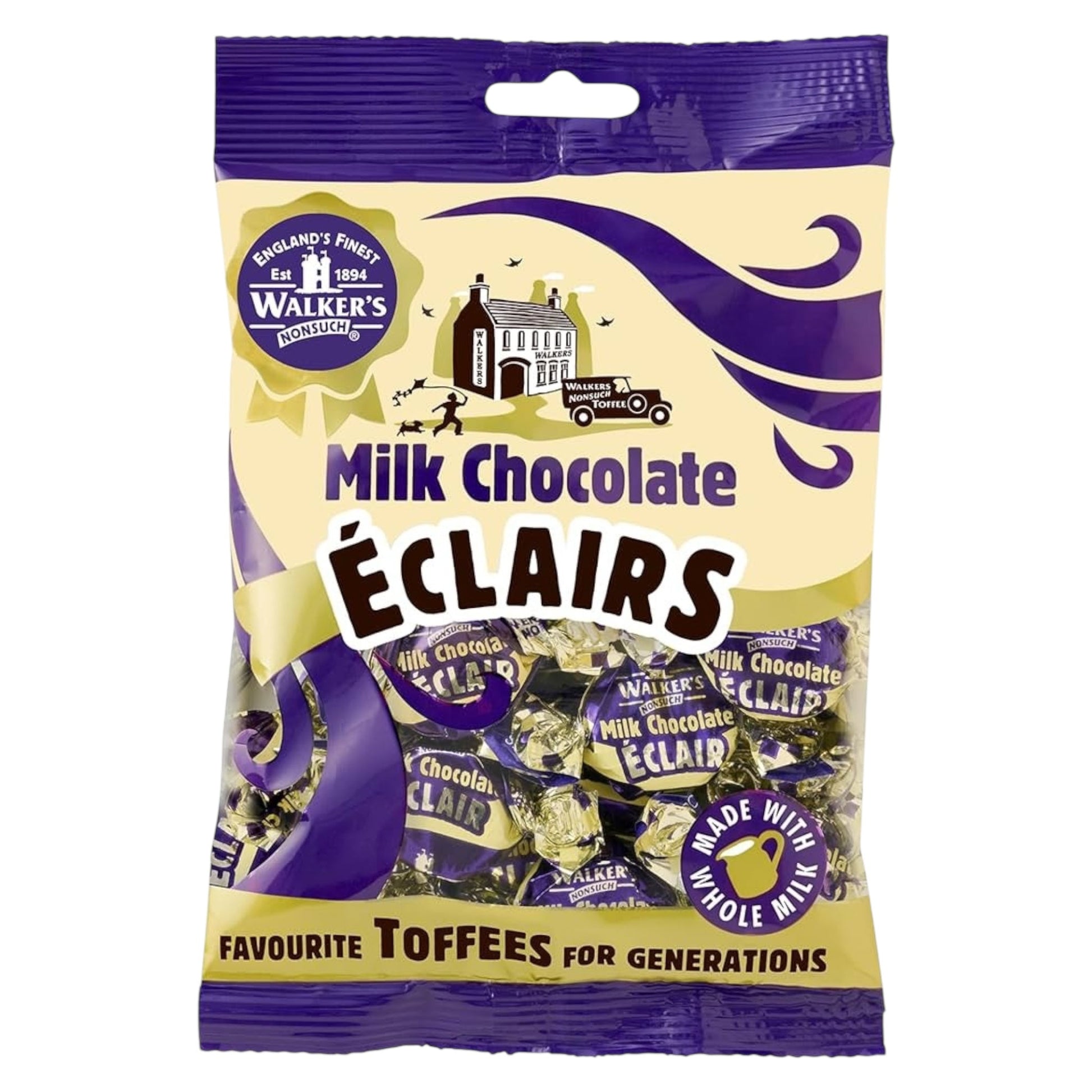 Packaging of Walkers Milk Chocolate Eclairs toffees with purple and yellow design. On a white background.