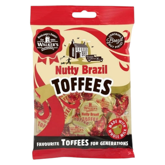 Packaging of Walker's Nutty Brazil Toffees with red and yellow design.