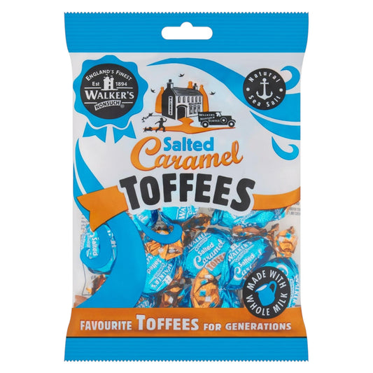 Packaging of Walkers Salted Caramel Toffees with branding and product details on a white background.