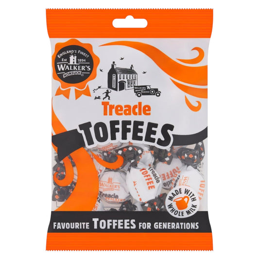 Packaging of Walker's Treacle Toffees with orange and white design on a white background.
